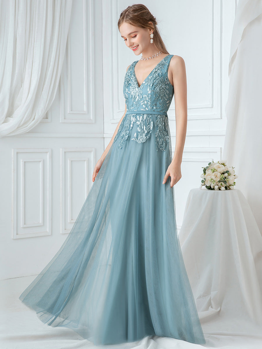 Plus V Neck Embroidery Mesh Prom Dress