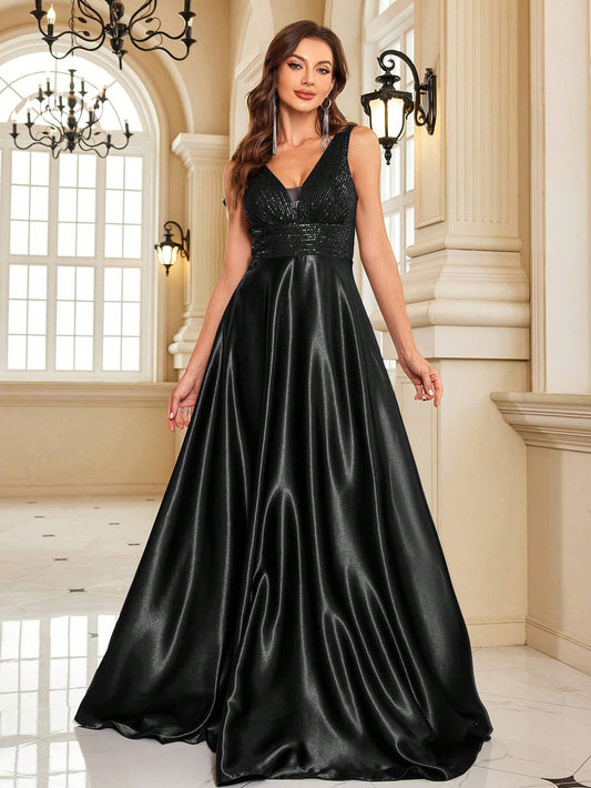 Black Contrast Sequin Satin Formal Dress