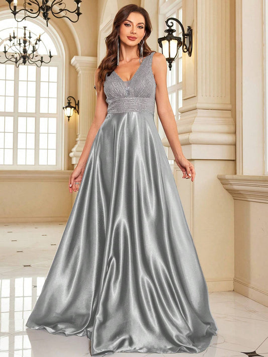 Grey Contrast Sequin Satin Formal Dress Burgundy