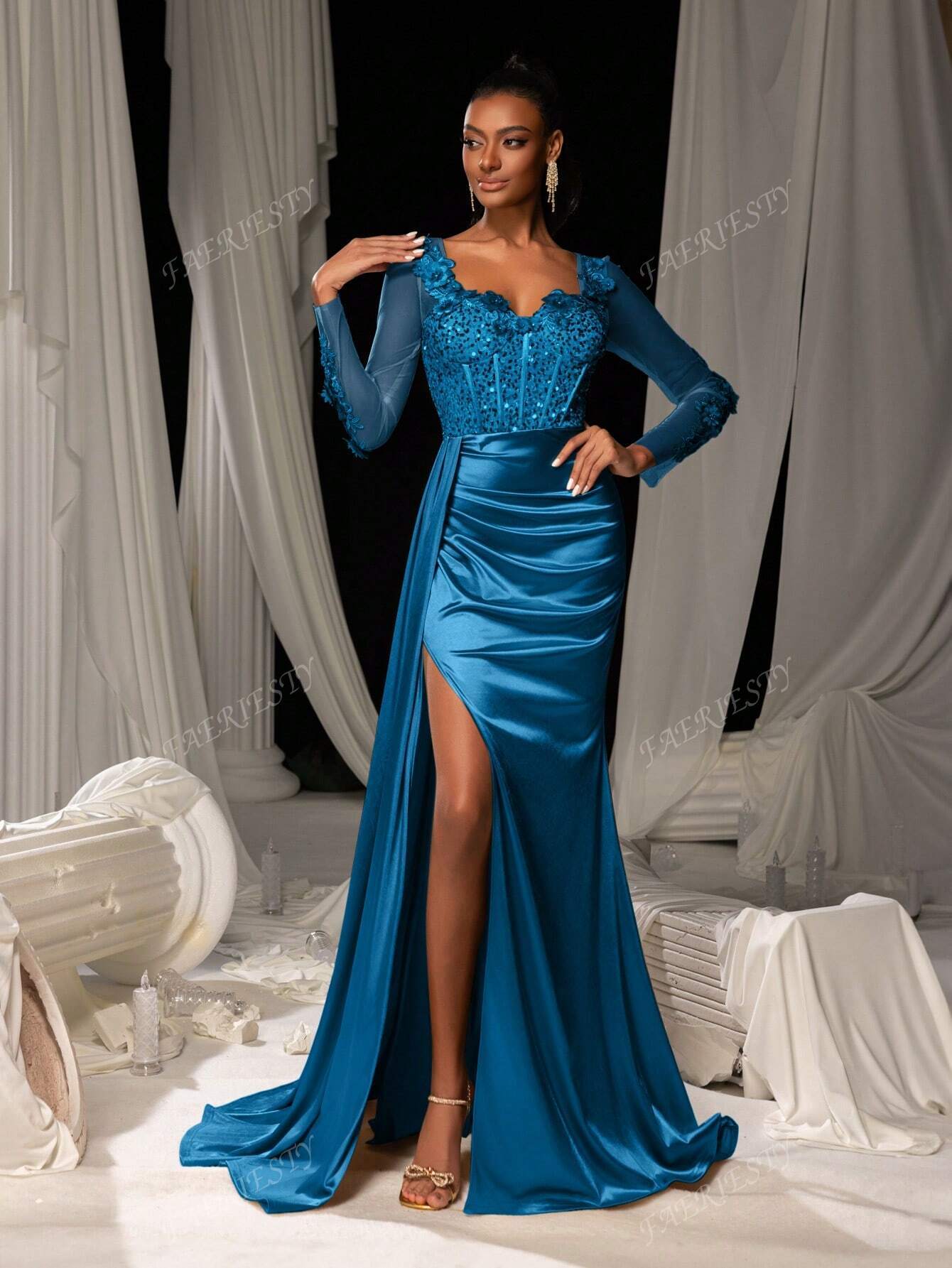 Draped Side Mermaid Hem Formal Dress