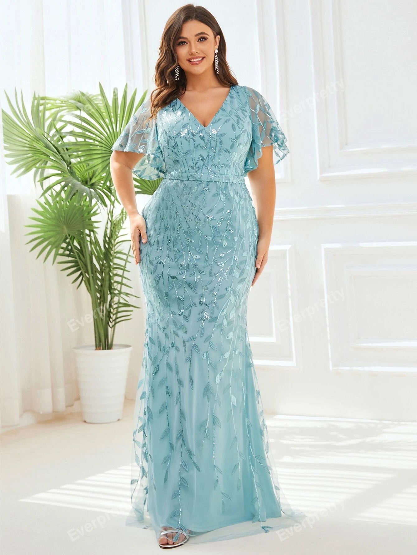 Plus Size Mesh Panel Butterfly Sleeve Sequin Dress