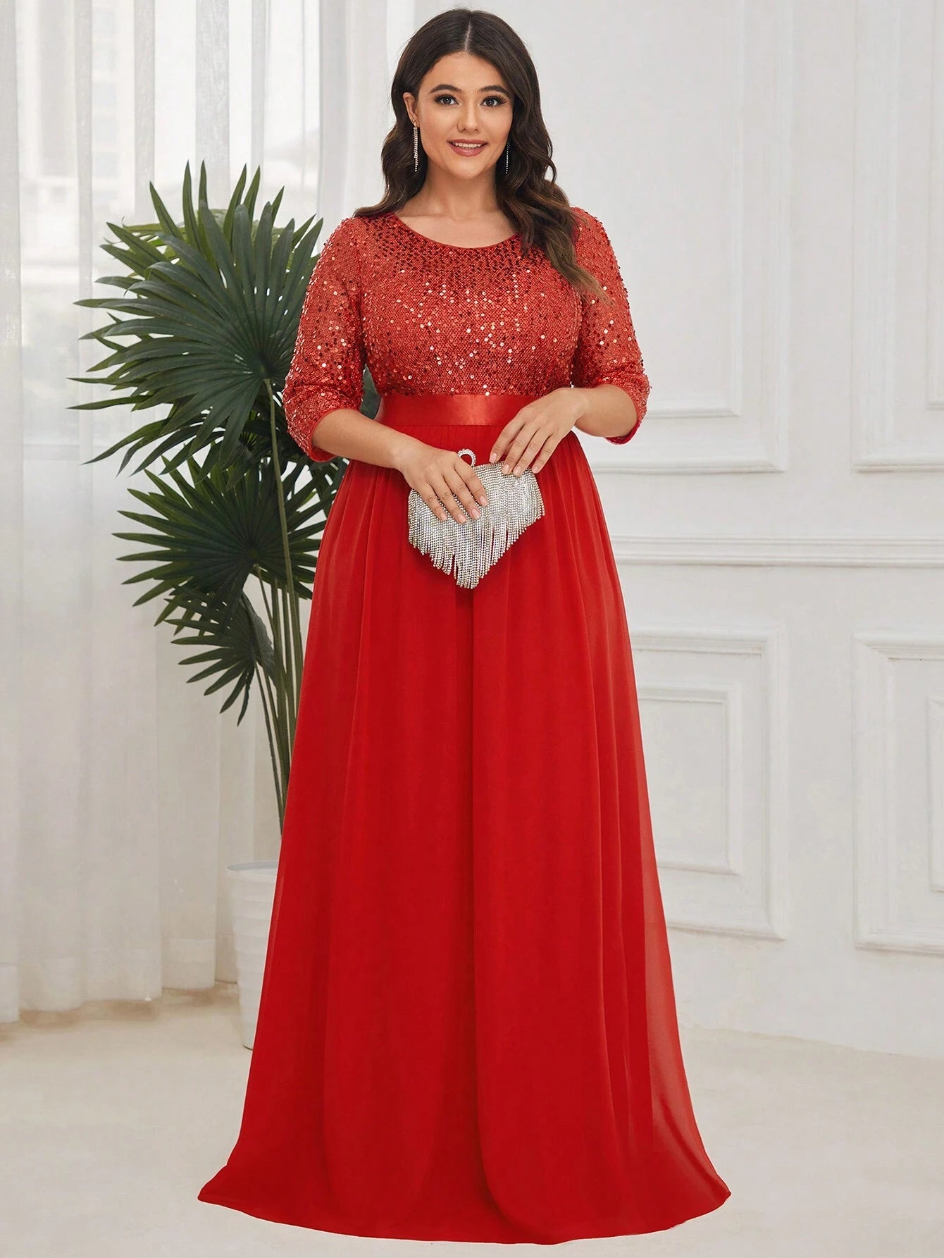 Round Neckline Patchwork Evening Dress Red