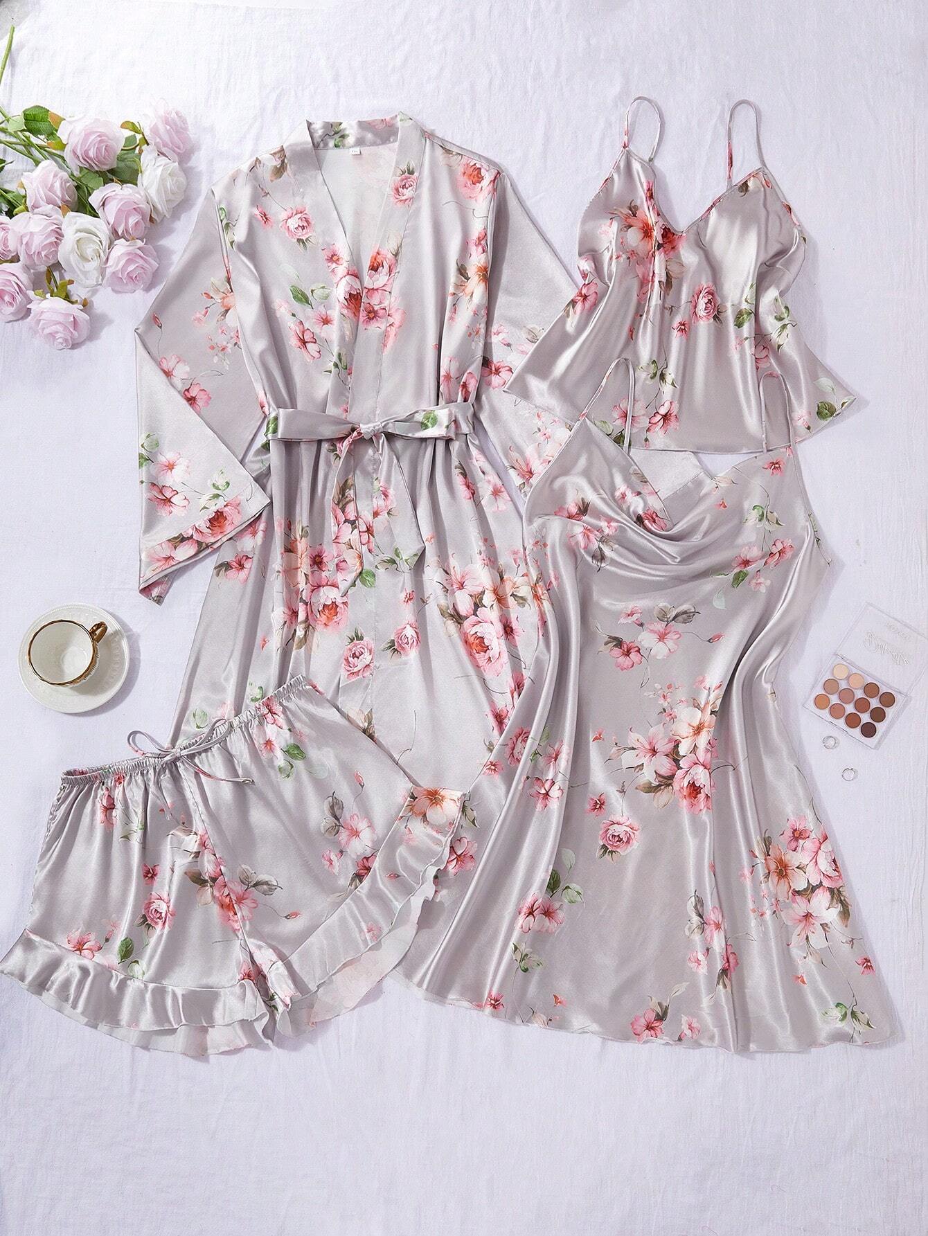 Floral Printed Satin Pajamas Set - 5 Piece Set