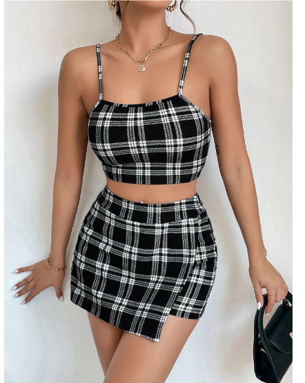 Plaid Print Cami Top & Wrap Hem Skort