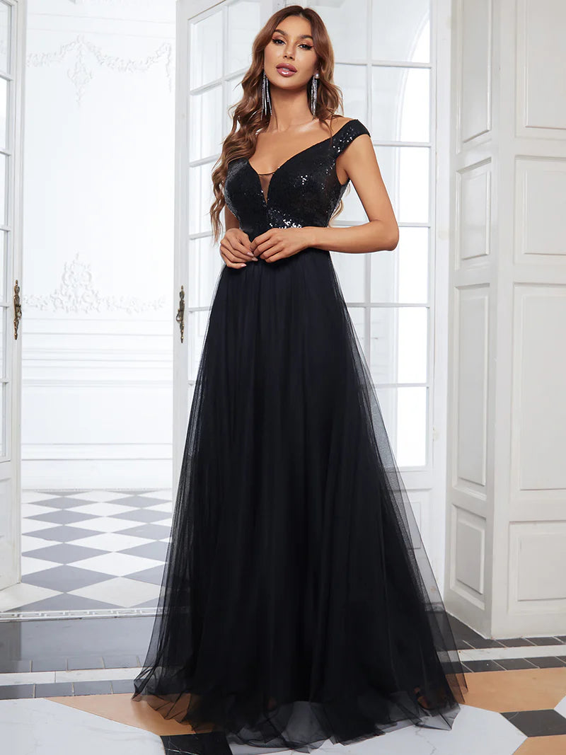 High Waist Tulle & Sequin Sleeveless Evening Dress