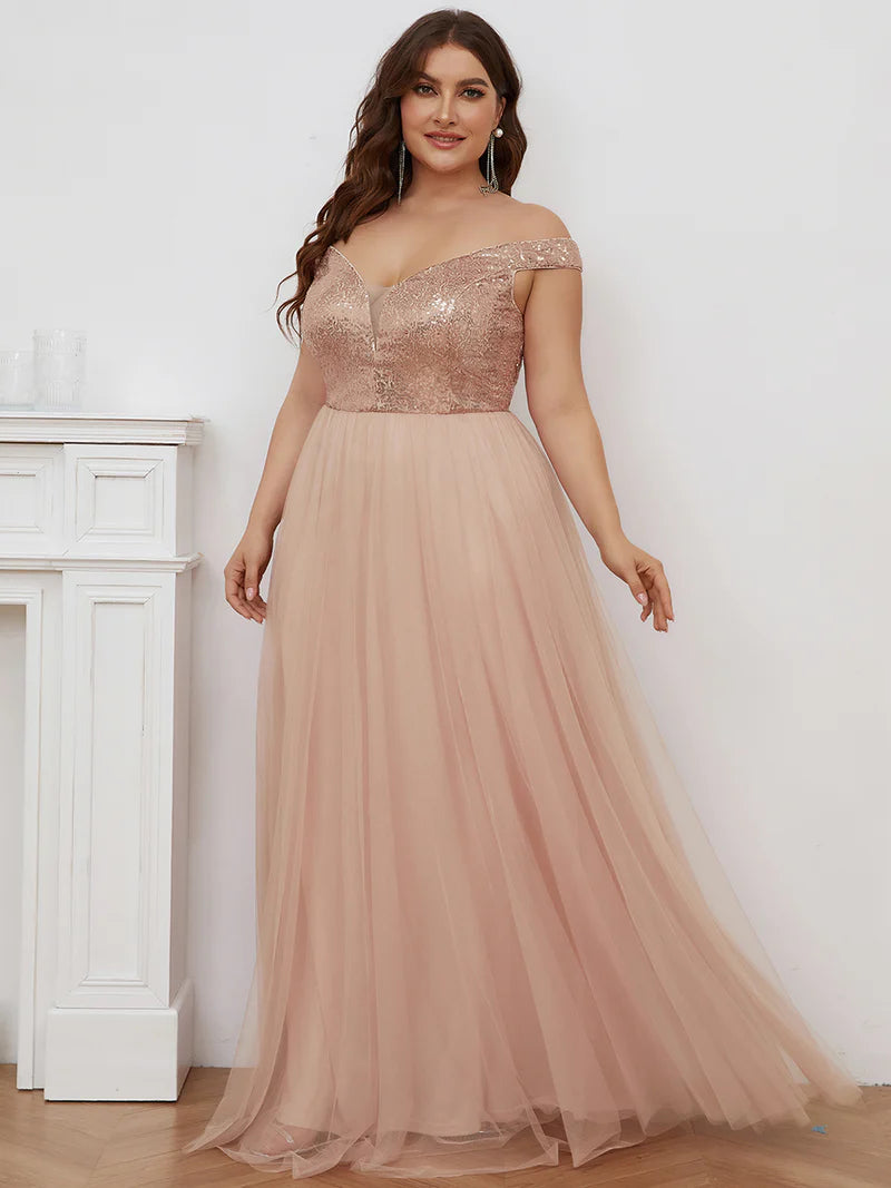 Off Shoulder Tulle & Sequin Sleeveless Evening Dress