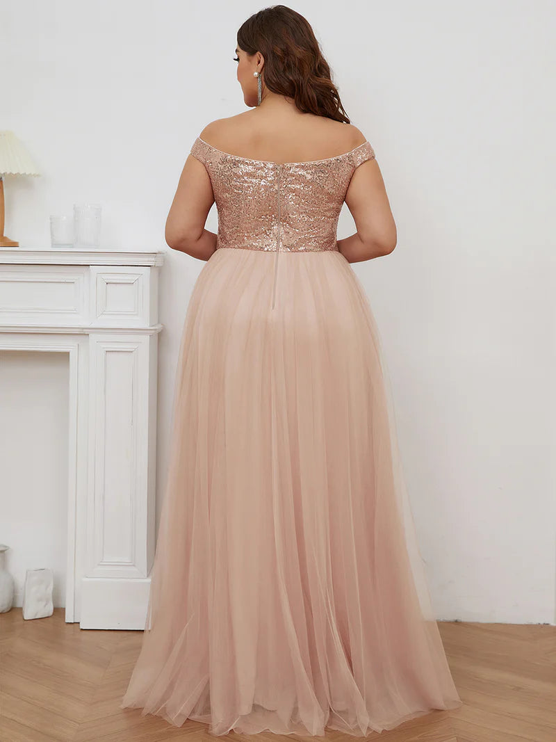 Off Shoulder Tulle & Sequin Sleeveless Evening Dress