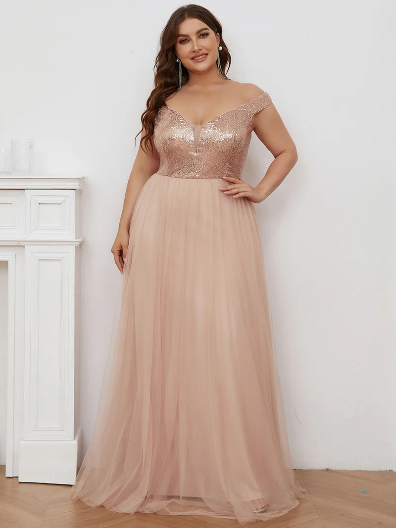 Off Shoulder Tulle & Sequin Sleeveless Evening Dress