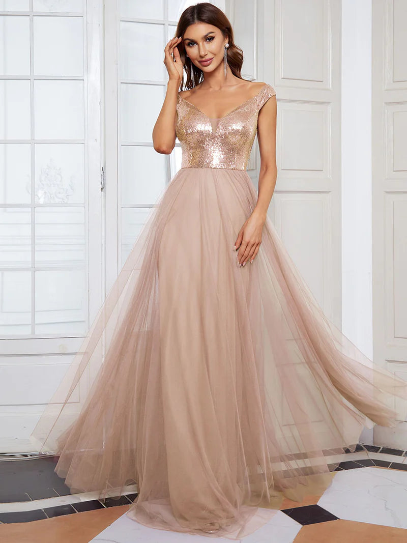 Off Shoulder Tulle & Sequin Sleeveless Evening Dress