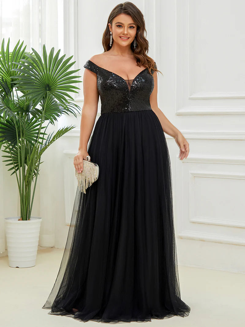 High Waist Tulle & Sequin Sleeveless Evening Dress