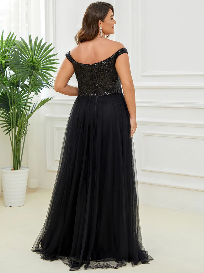 High Waist Tulle & Sequin Sleeveless Evening Dress