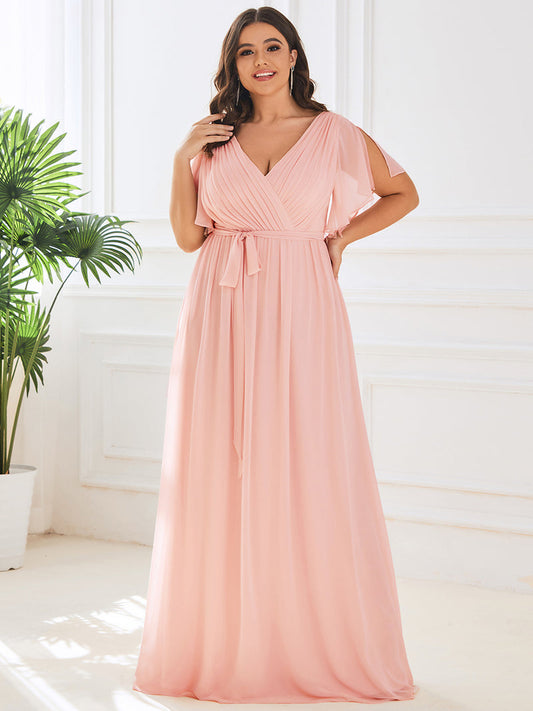 A Line bridesmaid Dresses with Deep V Neck Ruffles Sleeves Pre