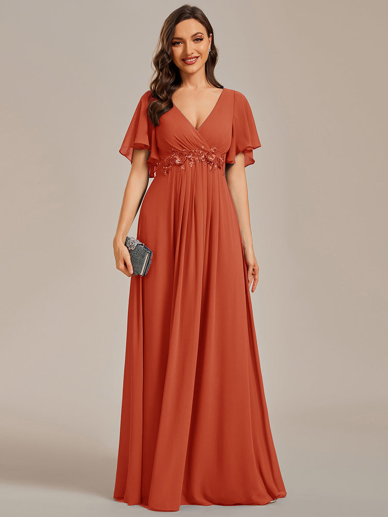 V Neck Appliques Pleated Bridesmaid Dresses