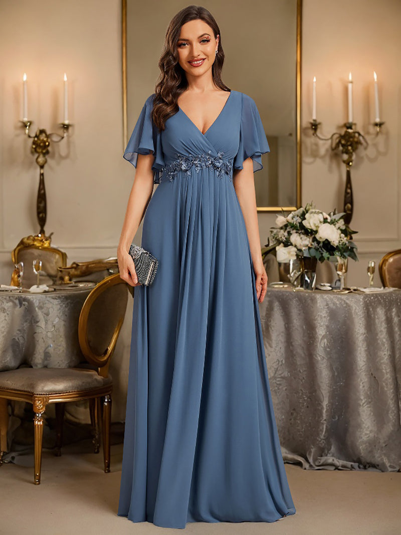 V Neck Appliques Pleated Bridesmaid Dresses