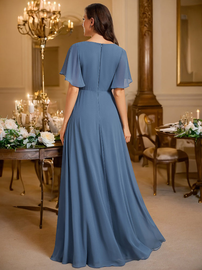 V Neck Appliques Pleated Bridesmaid Dresses