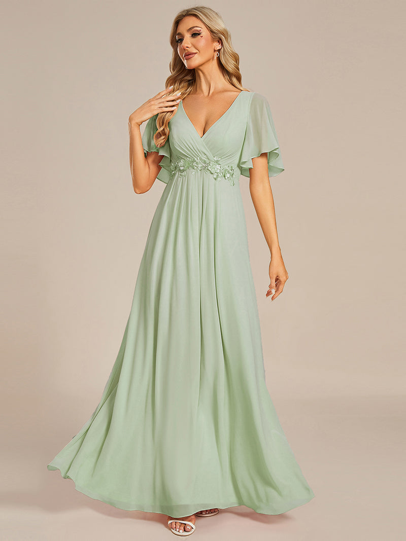 V Neck Appliques Pleated Bridesmaid Dresses