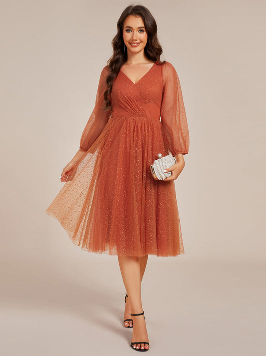 Burnt Orange Long Sleeve Sequin Tulle Dress