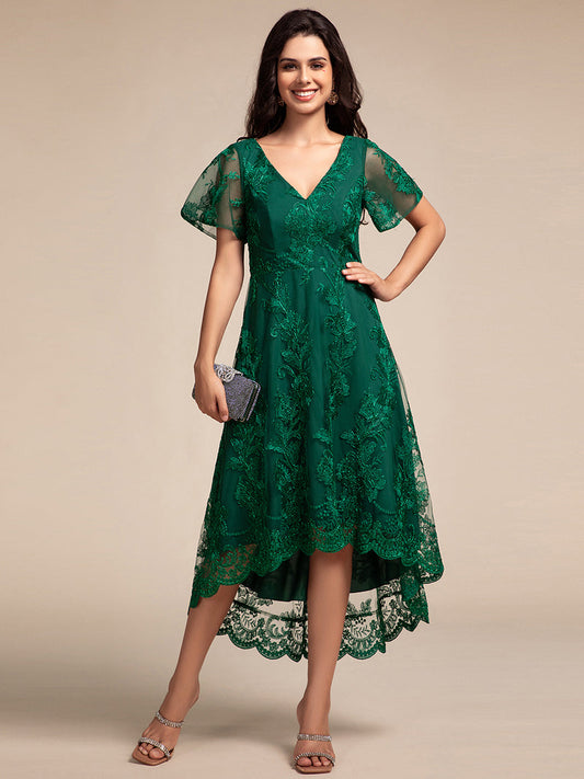 Ruffles Sleeve Lace Wedding Guest Dress