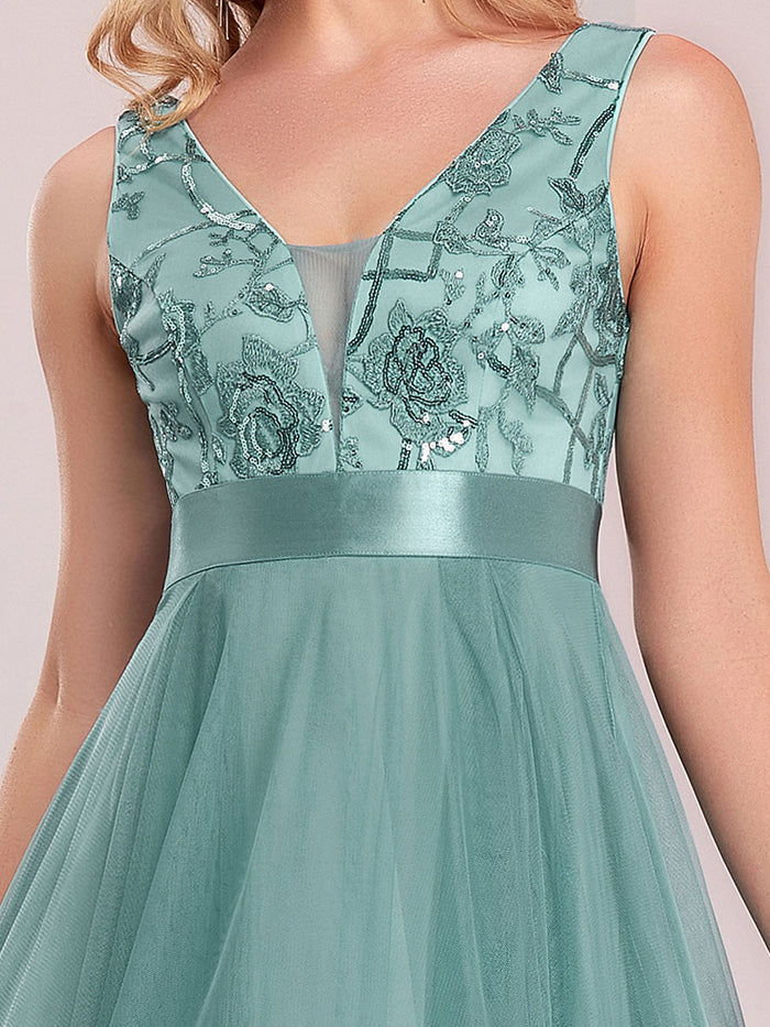 High-Low V Neck Tulle Prom Dress with Sequin Applique - Dusty Blue