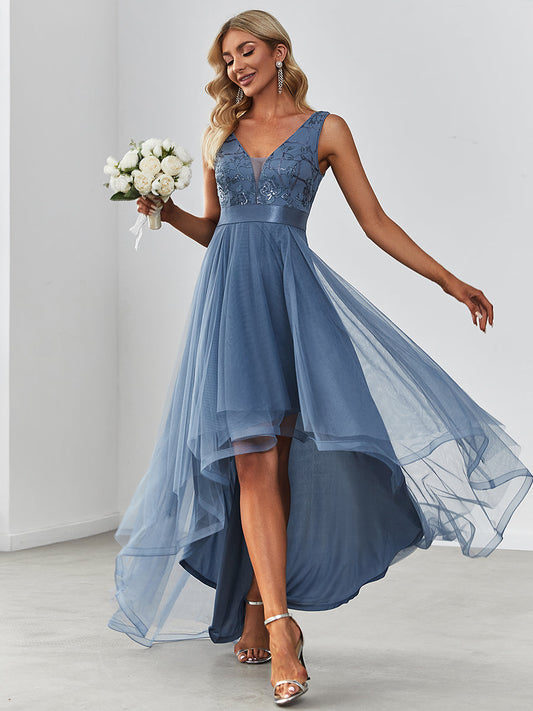 High-Low V Neck Tulle Prom Dress with Sequin Applique - Dusty Navy