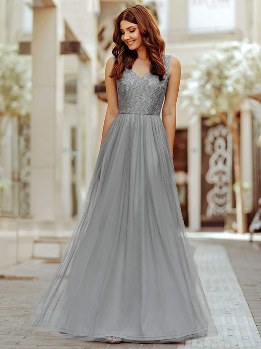 Elegant A Line Hollow Out Maxi Long Lace Bridesmaid Dress