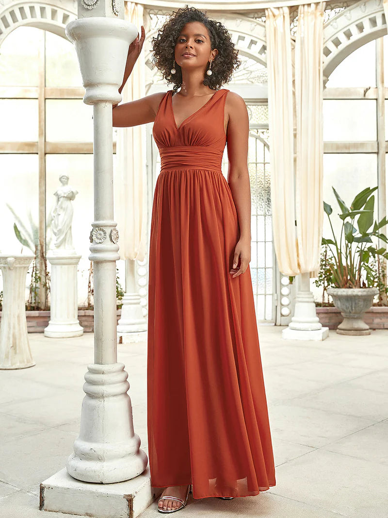 Maxi Long Bridesmaids Dresses With Double V-Neck