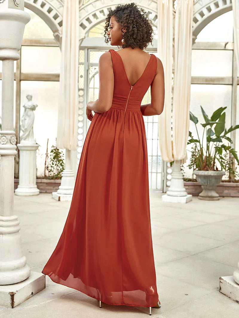 Maxi Long Bridesmaids Dresses With Double V-Neck