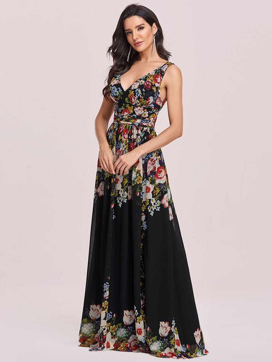 Double V Neck Floral Print Formal Evening Gown