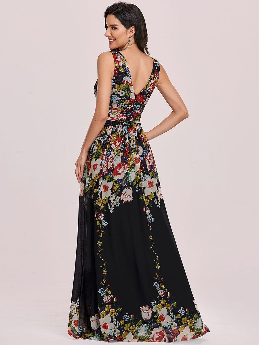 Double V Neck Floral Print Formal Evening Gown