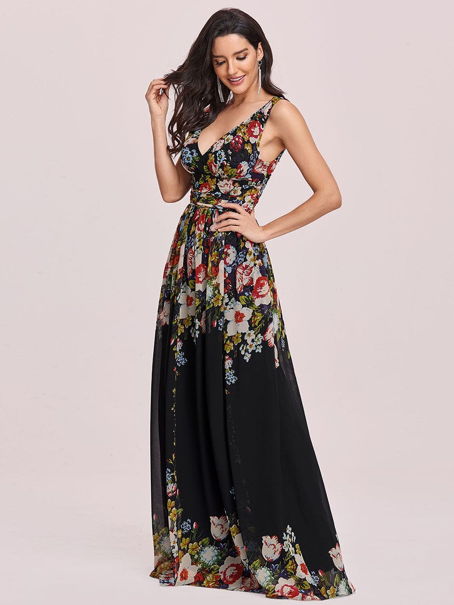 Double V Neck Floral Print Formal Evening Gown