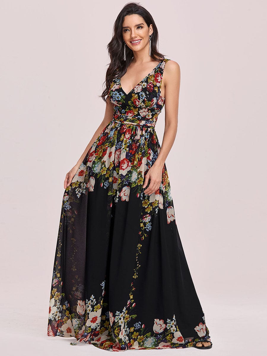 Double V Neck Floral Print Formal Evening Gown