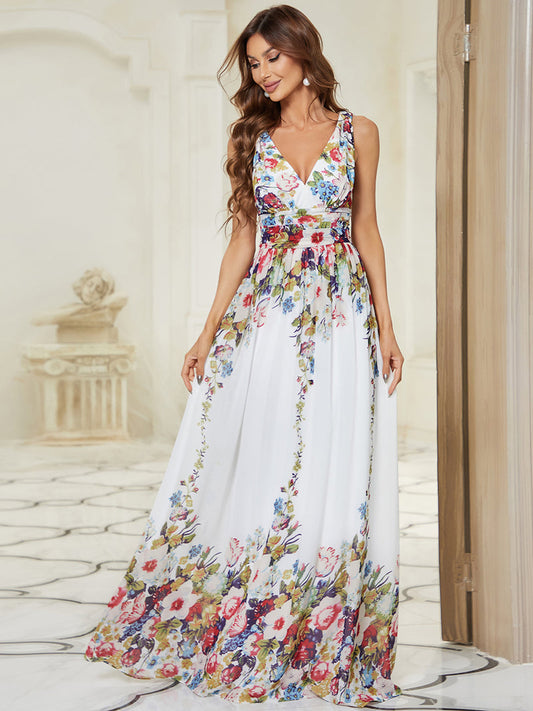 Floral Maxi Long Evening Dresses With Double V-Neck