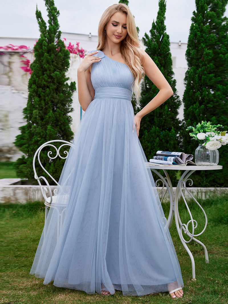 Asymmetric Shoulder Streamer Pleated Tulle Dresses Sky Blue