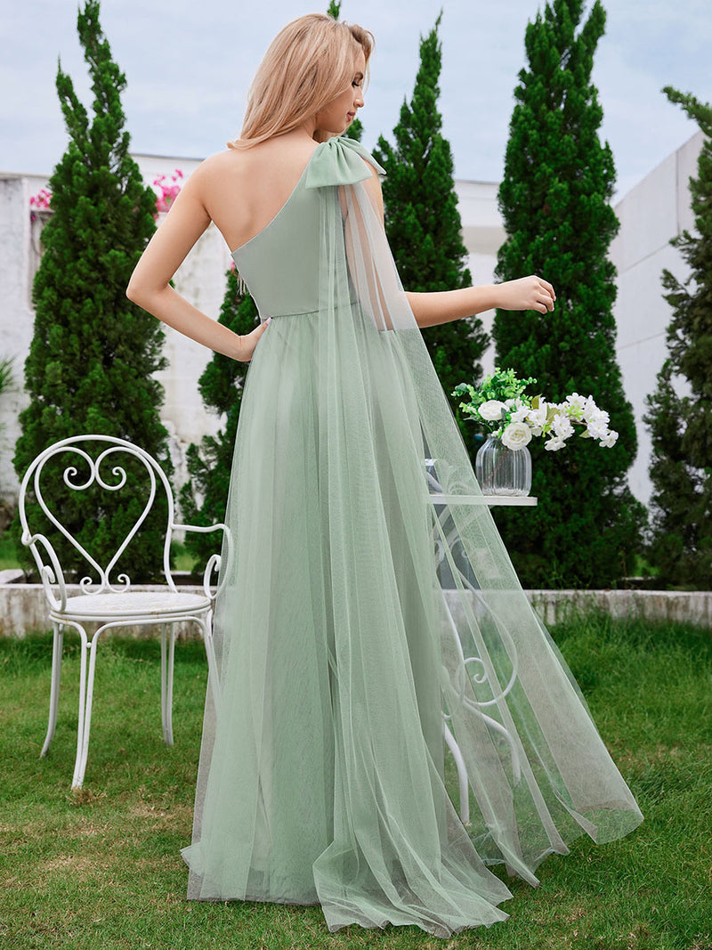 Asymmetric Shoulder Streamer Pleated Tulle Dresses Mint Green