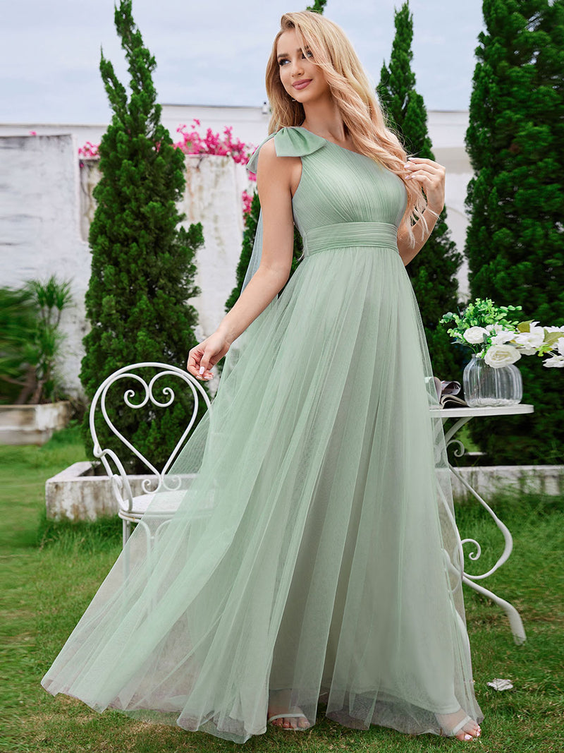 Asymmetric Shoulder Streamer Pleated Tulle Dresses Mint Green