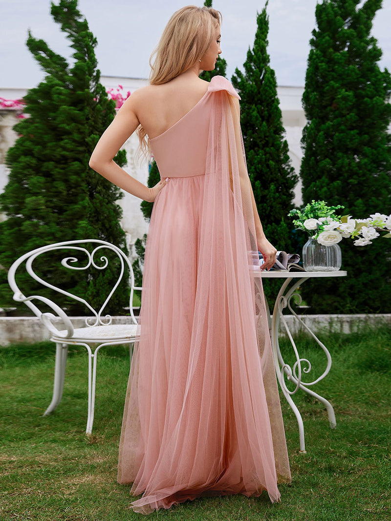 Asymmetric Shoulder Streamer Pleated Tulle Dresses