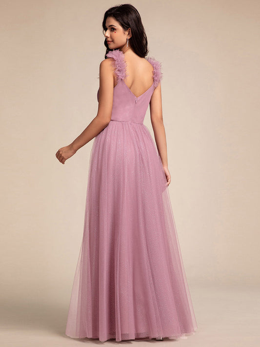 V Neck Flying sleeve Tulle Bridesmaid Dresses