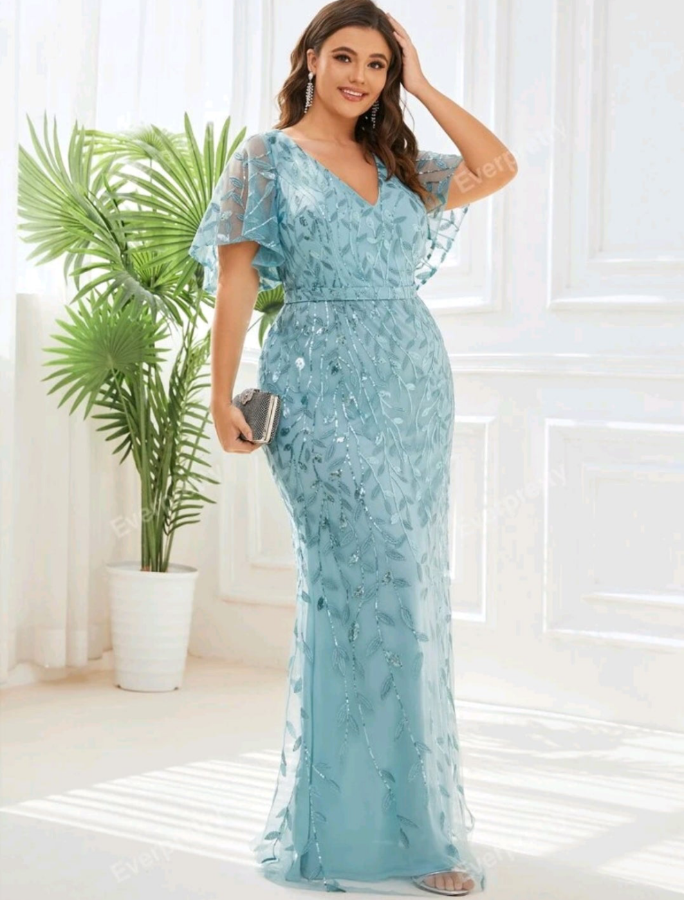 Plus Size Mesh Panel Butterfly Sleeve Sequin Dress