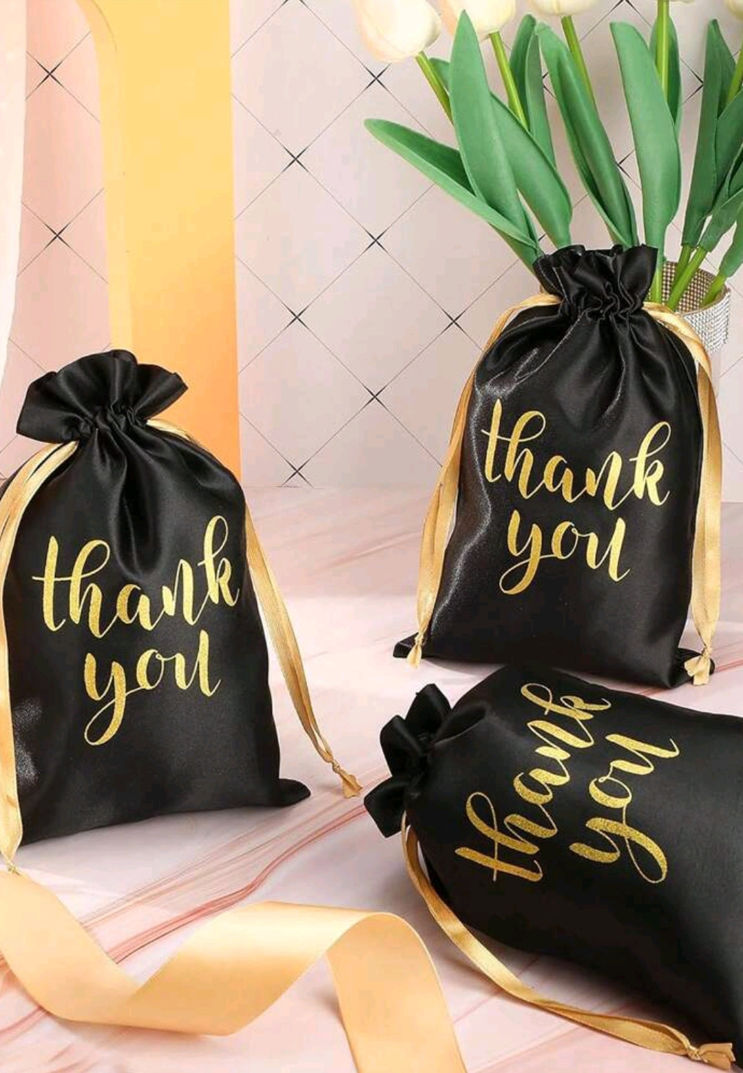 5pcs Thank You Satin Drawstring Bags