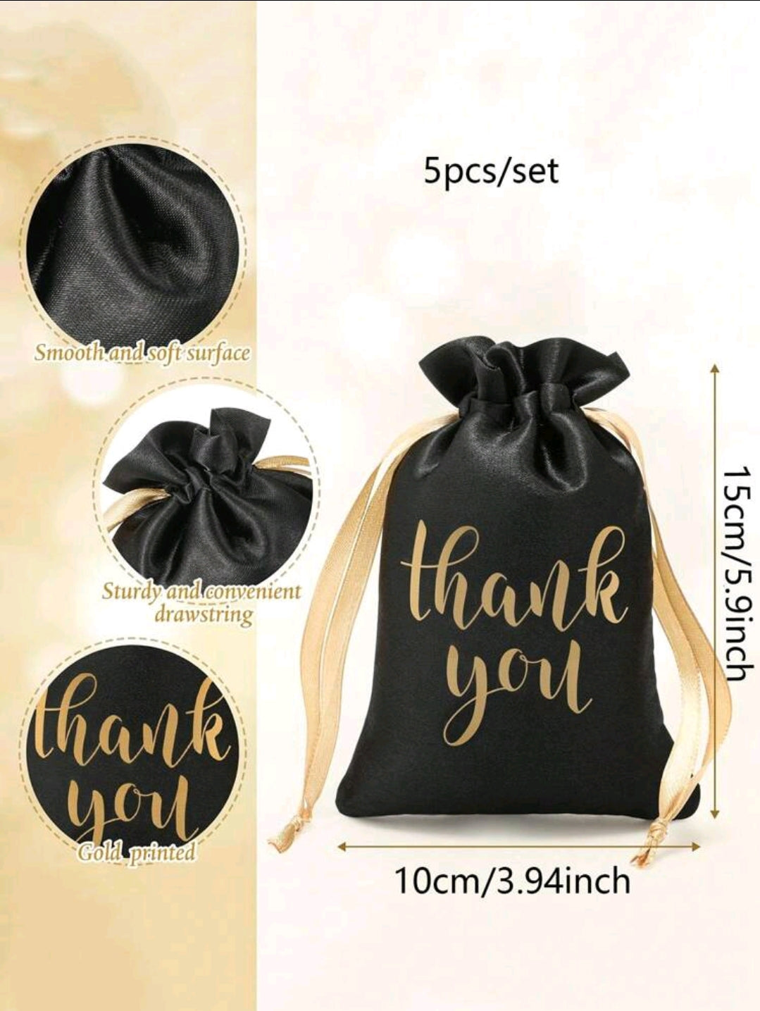 5pcs Thank You Satin Drawstring Bags