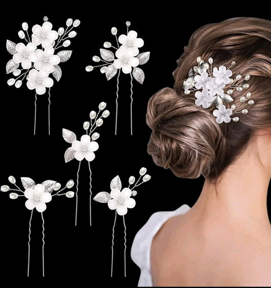 5pcs Flower & Faux Pearl Decor Bridal Hair Pins