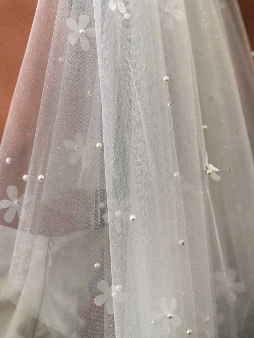 Double Layer Pearl Flower  Sparkling Veil With Comb