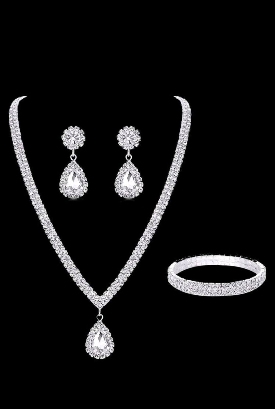 3pcs Rhinestone Necklace Earrings & Bracelet Bridal Jewelry Set