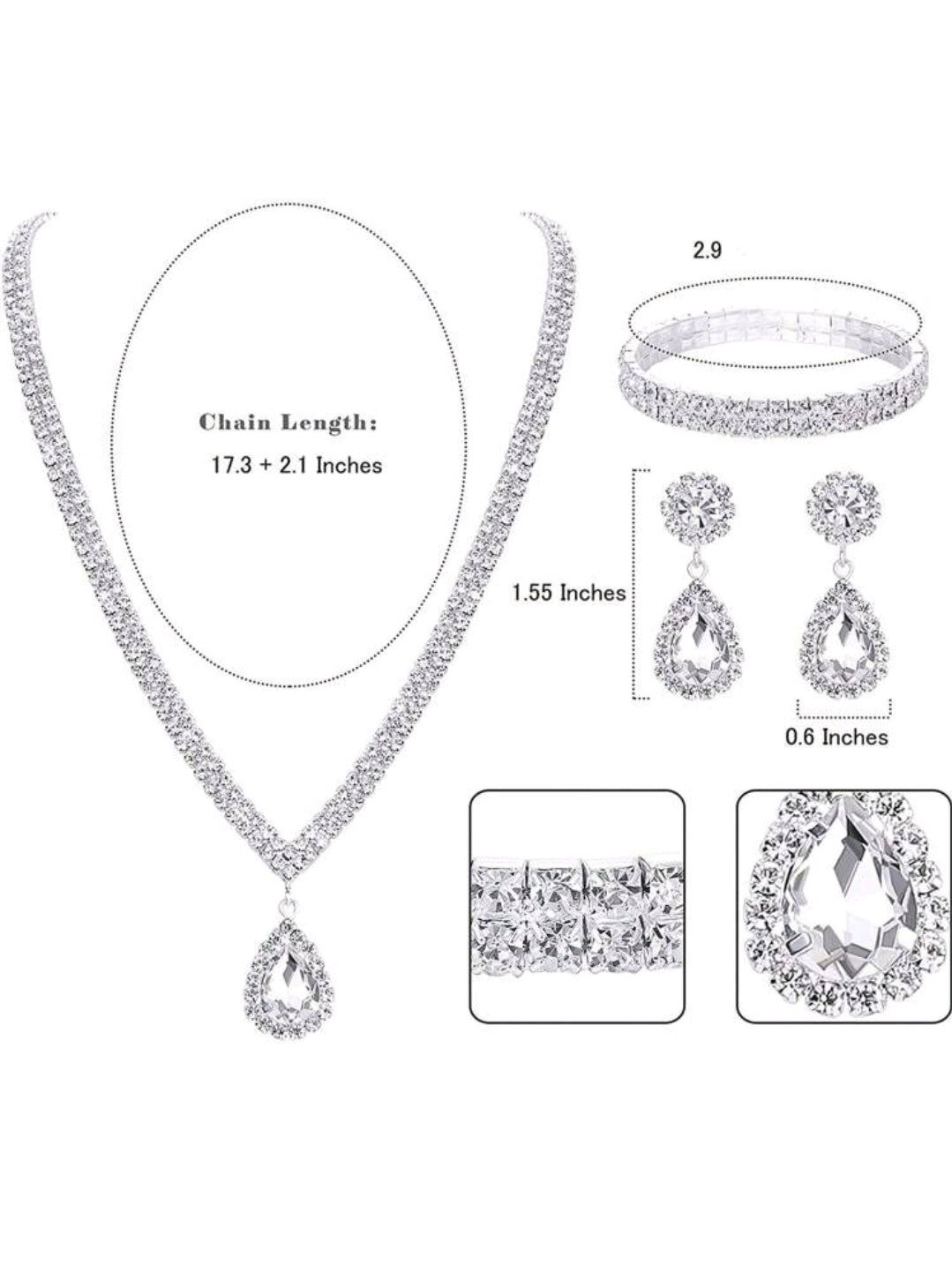 3pcs Rhinestone Necklace Earrings & Bracelet Bridal Jewelry Set