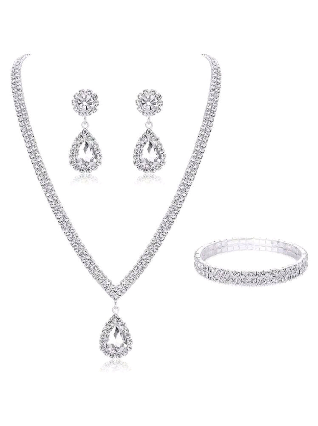 3pcs Rhinestone Necklace Earrings & Bracelet Bridal Jewelry Set