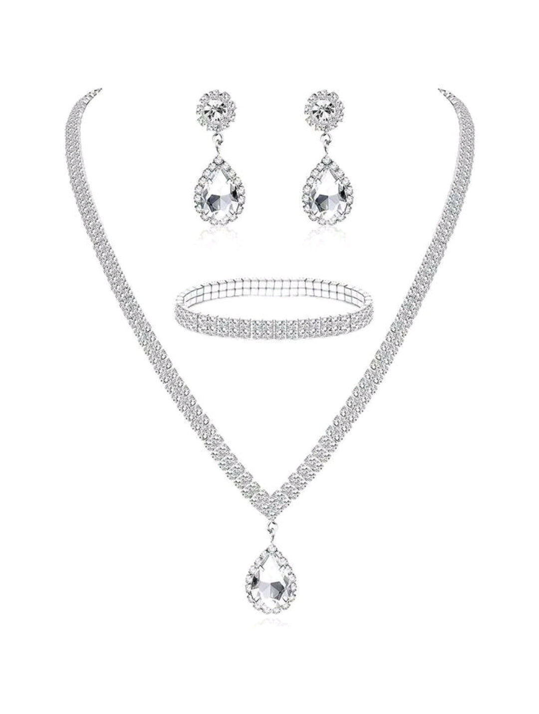 3pcs Rhinestone Necklace Earrings & Bracelet Bridal Jewelry Set