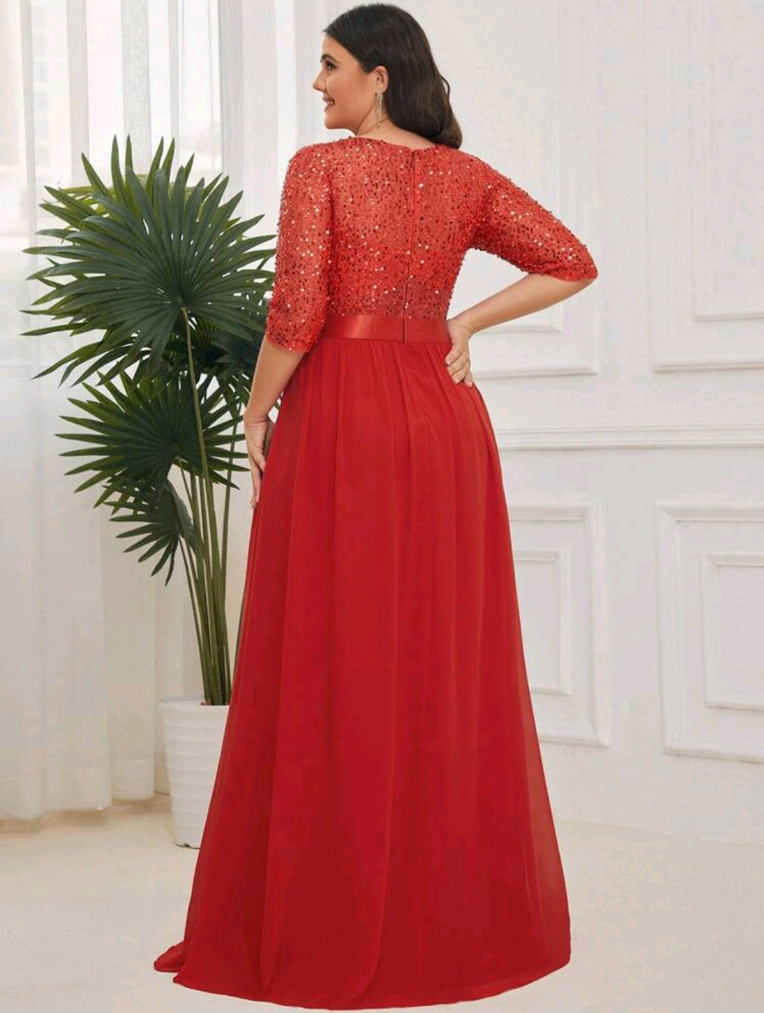 Round Neckline Patchwork Evening Dress Red