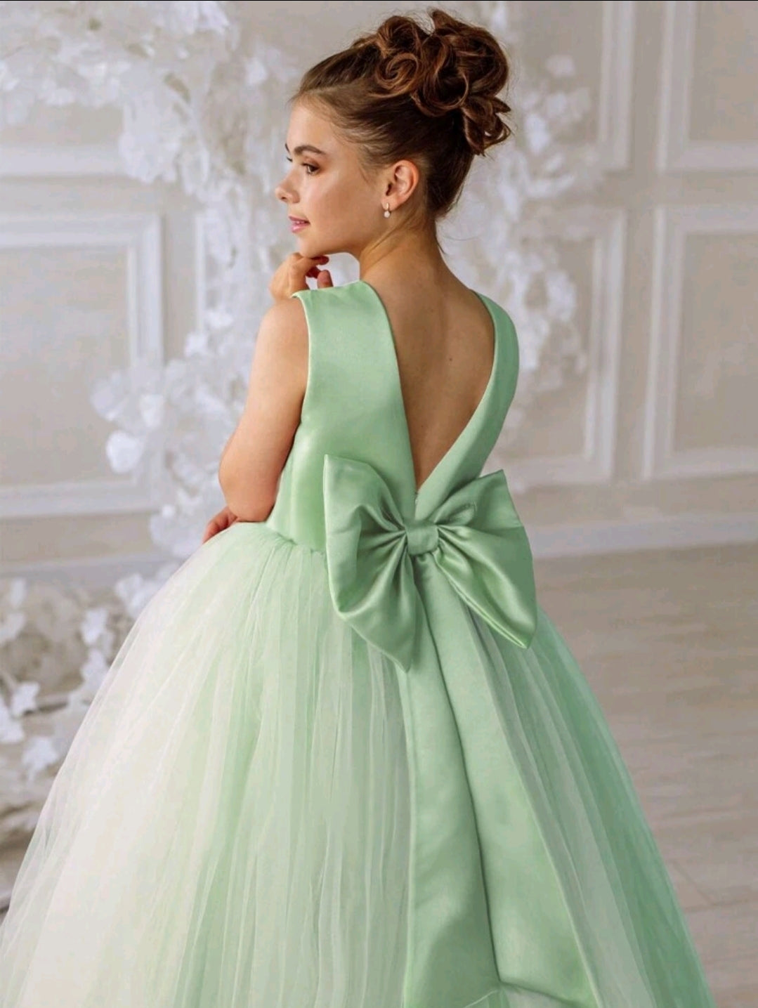 Mint Green Girl's Bowknot V-Neck Princess Dress