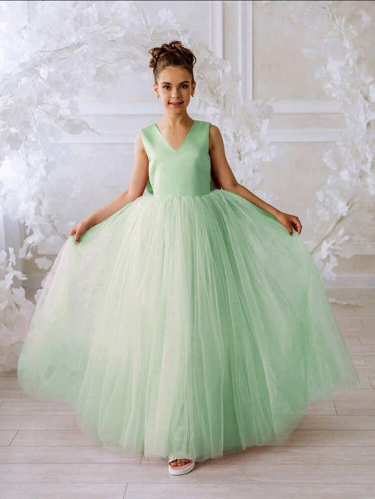 Mint Green Girl's Bowknot V-Neck Princess Dress