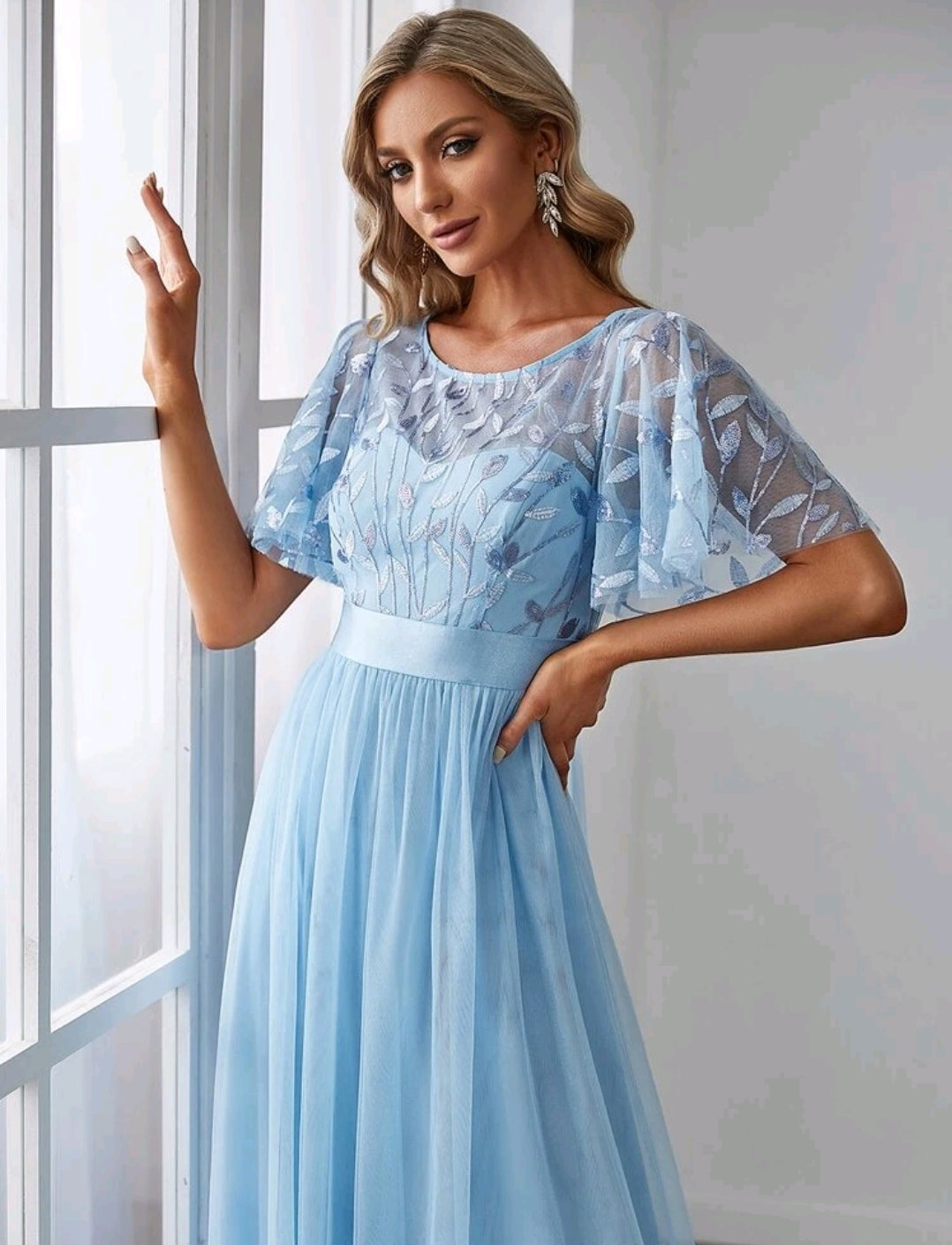 Sky Blue Sequin Print Floor-length Evening Dress with Cap Sleeve